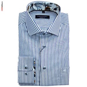 Biała koszula w granatowe paski Casa Moda